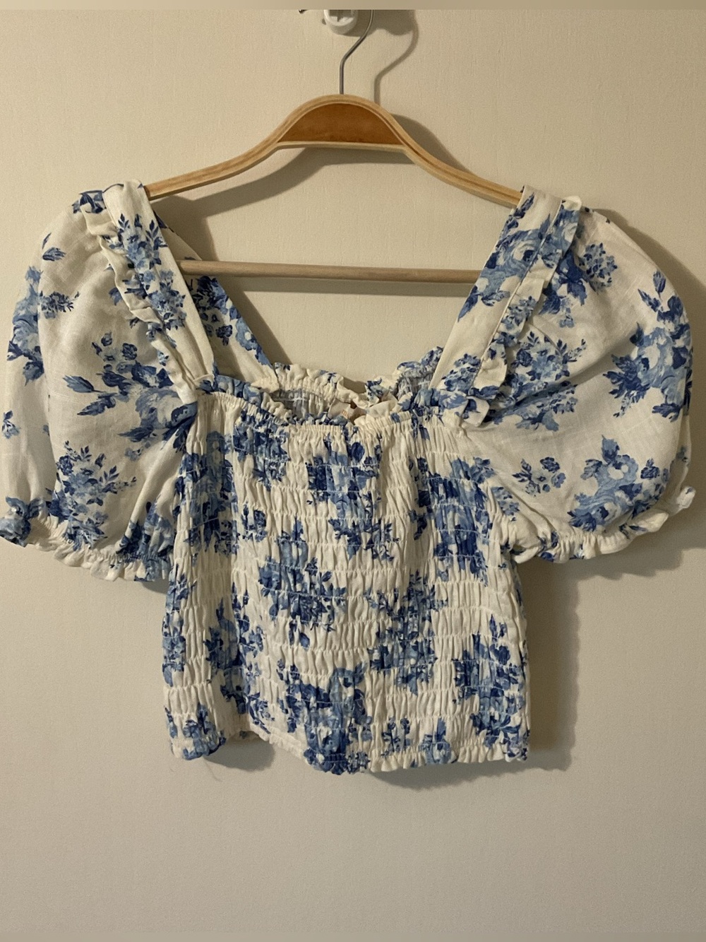 Blue Floral Boho Shabby Chic Coquette Puff Sleeve Cropped Smocked Romantic Top S